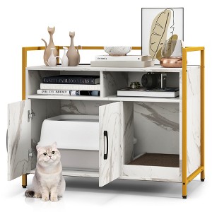 Tangkula Large Litter Box Enclosure Cat Wooden Storage Cabinet with 2 Doors Marble White - 1 of 4