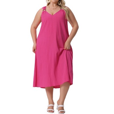 Agnes Orinda Women's Plus Size Elegant Texture V-Neck Sleeveless Pleated Back Midi Dress