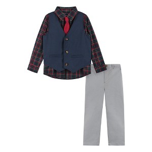 Andy & Evan  Toddler  Navy Vest, Red Plaid Buttondown & Grey Twill Pant Set - 1 of 4
