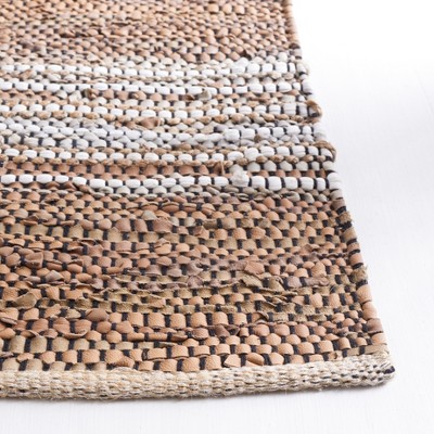 Vintage Light Brown and Ivory Leather Striped Square Rug