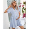 Maternity Swiss Dot Dress Summer V Neck Short Sleeve Button Down Mini Dress Baby Shower Photoshoot with Pockets - 2 of 4