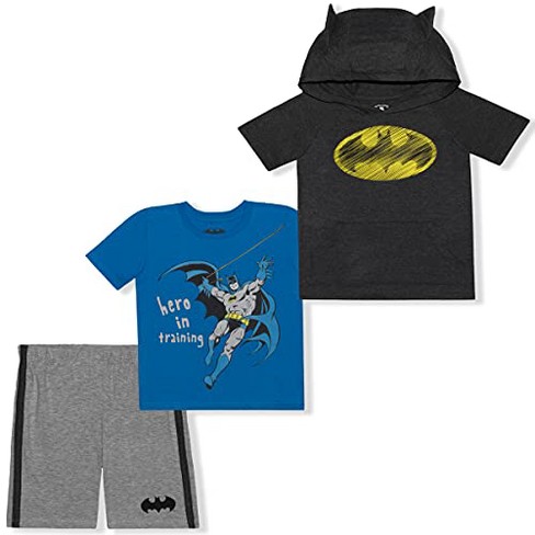 Batman Boy's 3-Pack Hero In Training Graphic Tee, Short Sleeve 3D Hoodie  Shirt and Casual Shorts Set - Grey / Blue, Size 2T