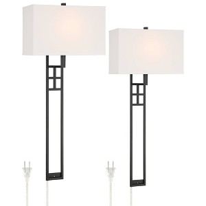 Possini Euro Design Ventano Modern Wall Lamps Set of 2 Black Plug-In 16" Fixture White Linen Fabric Shades for Bedroom Mirror - 1 of 4