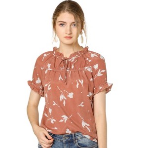 INSPIRE CHIC Women's Floral Tie Neck Ruffle Short Sleeves Peasant Blouse Top Small Coral - 1 of 4