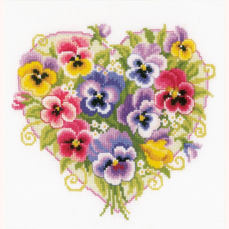 Vervaco Counted Cross Stitch Kit 9.2"X8.8"-Pansies in Heart Shape (14 Count), 1 of 2