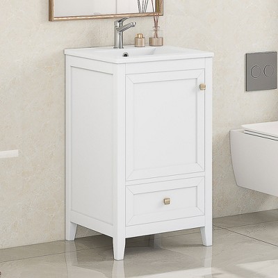 ALEXOUN 20 Inch Freestanding Bathroom Vanity Cabinet with Ceramic Sink,Vanity Storage with Soft-Close Door & 2-Tier Storage Rack for Small Space