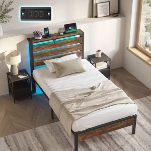 Greenstell Twin Size Bed Frame with Headboard, Metal Platform Bed Frame with LED Lights & Charging Station, Under Bed Storage, Rustic Brown - 1 of 4