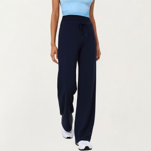 Anna-Kaci Active Women's High Waist Wide Leg Pants with Drawstring Tie and Soft Stretch Fabric - Medium, Navy - 1 of 4