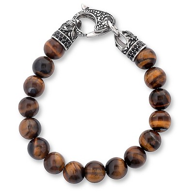 Men's Tiger Eye Stone Antiqued Stainless Steel Clasp Beaded Bracelet (10mm) - 8.5"
