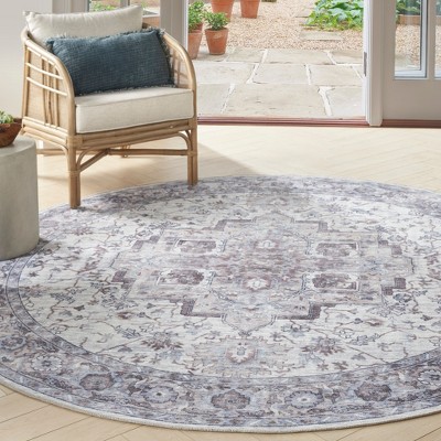 Ivory Beige Round Cotton Chenille Floral Rug, 7'10"
