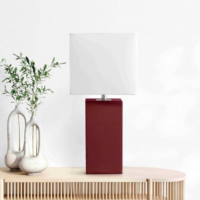 21" Red Leather Modern Table Lamp with White Shade