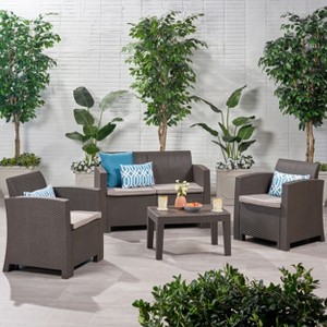 Christopher Knight Home Beihoffer Outdoor Polypropylene Wicker 4 Seater Chat Set with Cushions - 1 of 4