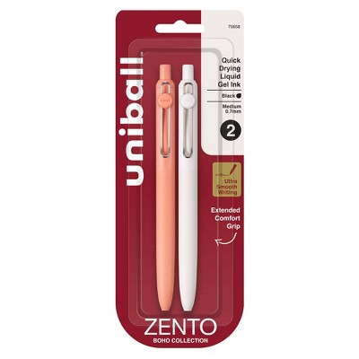 Zento uniball 2pk Gel Pen 0.7mm Medium Point Black Ink Boho Barrel: Retractable Quick Drying Rollerball Stationery
