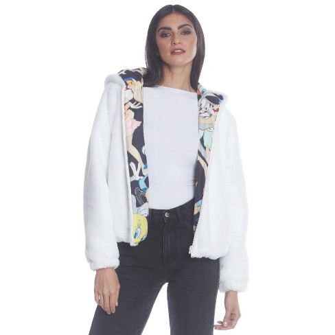 Members Only Womens Plush Faux Rabbit Fur Reversible Bomber Jacket with  Looney Tunes Satin Mashup Print Lining - White M