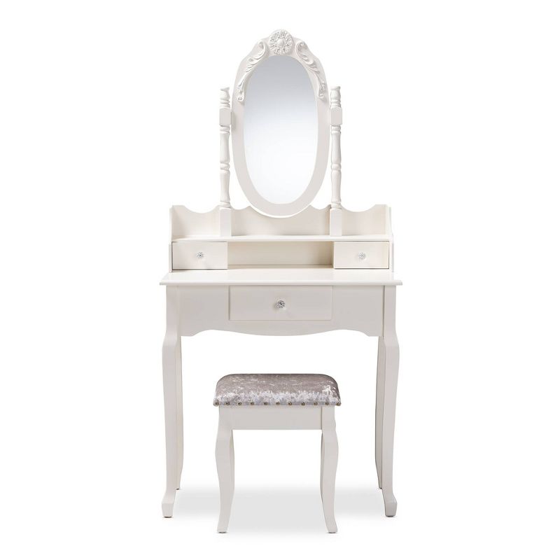 2pc Veronique White Finished Wood Vanity Table with Mirror and Ottoman White - Baxton Studio, 3 of 11