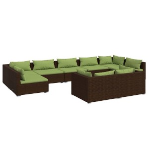 vidaXL 9 Piece Patio Lounge Set - Robust and Stylish Outdoor Furniture Set with Brown Poly Rattan and Green Cushions - 1 of 4