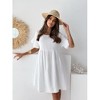 Womens Linen Textured Beach Dress Short Ruffle Sleeve Midi Smock Dress Round Neck Babydoll Flowy Dress Semi Sheer Beach Cover Dress - 4 of 4