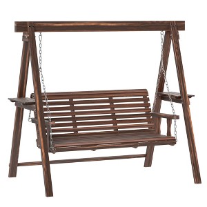 Outsunny Wooden Porch Swing with Stand, Patio Swing Chair with Side Tables, for Garden, Poolside, Backyard - 1 of 4