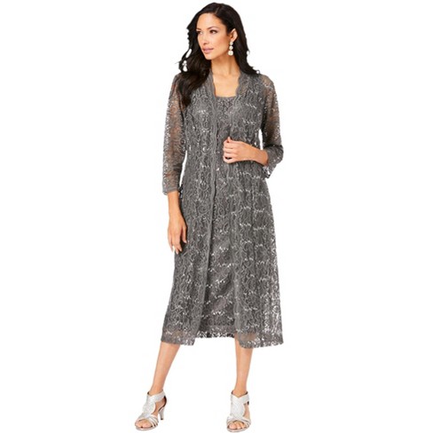 Roaman's Women's Plus Size Three-Piece Lace & Sequin Duster Pant