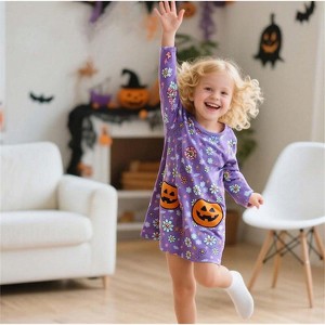 Clotth Girls' Cartoon Applique Dress - Long Sleeve Casual Dress, Floral Cotton Jersey, Fun Halloween Print, Purple - 1 of 4