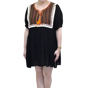 Women's Embroidered & Fringed Short Sleeve Mini Dress - Velzera - 1 of 3
