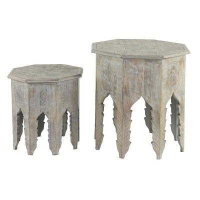 Accent Table, Carved Wood With Mandala Floral Engravings Gray - Olivia & May