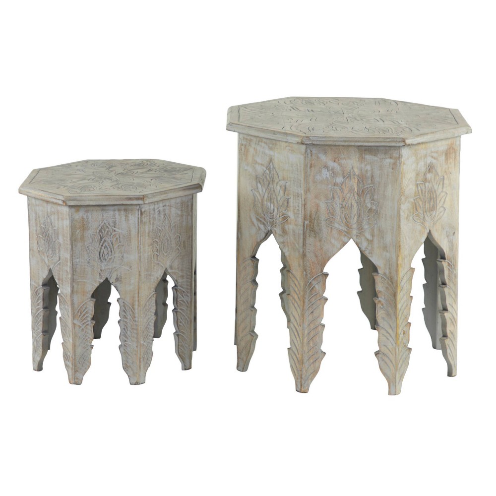 Accent Table Carved Wood With Mandala Floral Engravings Gray - Olivia & May