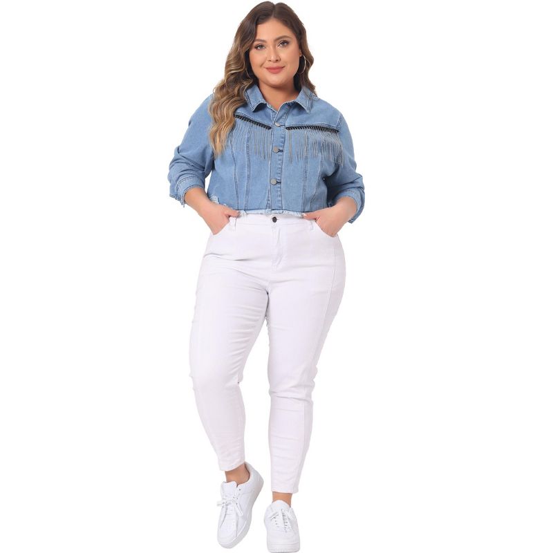 Agnes Orinda Women's Plus Size Frayed Hem Tassel Long Sleeve Button Up Casual Crop Jean Jackets, 3 of 6