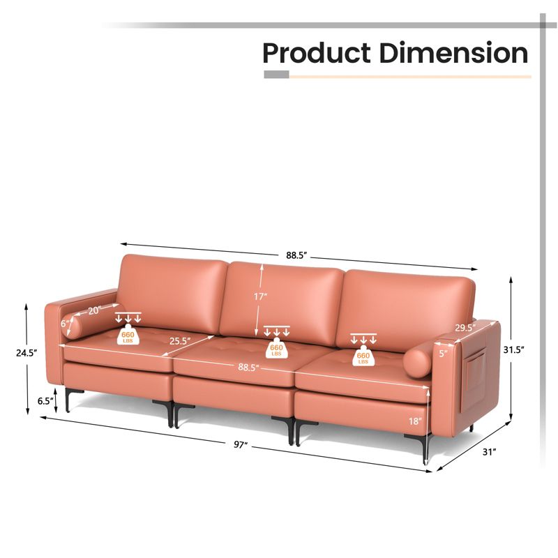 Costway Modular 3-Seat Sofa Couch with  Socket USB Ports & Side Storage Pocket Coral Pink/Grey, 4 of 11
