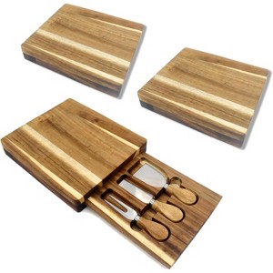 3-Piece Cheese Board Set Acacia Wood, with Stainless Steel Knives, Pull Drawer Charcuterie Platter in Square & Round Shapes, Gift Box Included - 1 of 4
