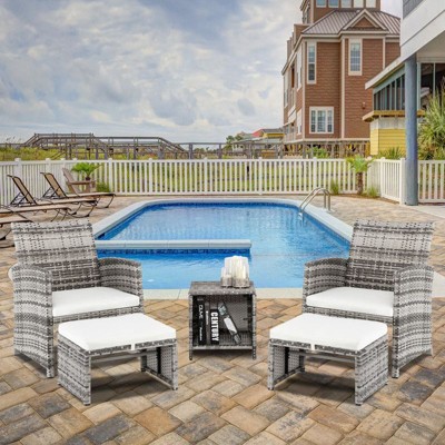 Grey 5-Piece Wicker Patio Conversation Set with White Cushions