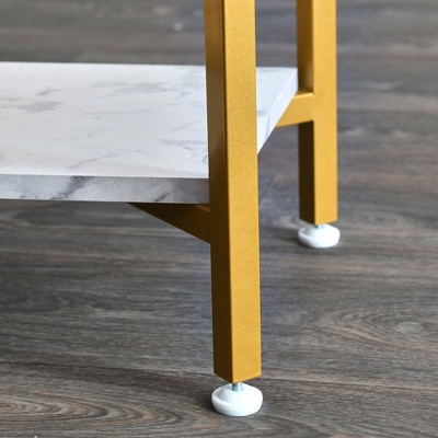 Crown Rectangular White Marble and Gold Metal Coffee Table with Storage Shelf