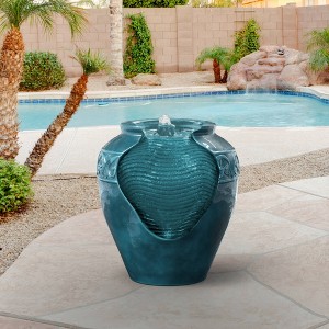 16.93" Glazed Pot Outdoor Floor Fountain with LED Lights - Teal - Teamson Home: Weatherproof, Polyresin Patio Decor - 1 of 4