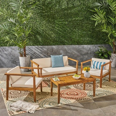 Newbury 4pc Acacia Wood Chat Set - Teak/Beige - Christopher Knight Home: Outdoor Seating with Cushions & Coffee Table