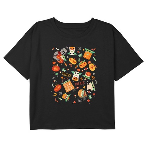 Girl's Star Wars: The Mandalorian Trick or Treat Grogu Collage Crop Top T-Shirt - image 1 of 3