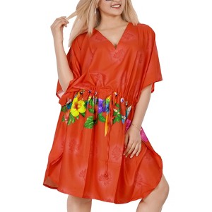 LA LEELA Women's House Daily Routine Evening Wear Vacation Holiday Casual Loungewear Oversize Caftan Mini Casual Sundress for Women 2X-3X Red, Floral - 1 of 4