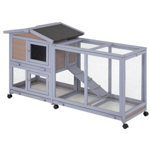 FDW Wood Rabbit Hutch Rabbit Cage Bunny Hutch Rolling Large Bunny Cage Indoor Outdoor Two Story Guinea Pig Hutch Rabbit House with Wheels, Grey - 1 of 4