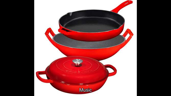 Bruntmor 3 Piece Red Enameled Cast Iron Cookware Gift Set - Braiser Pan, Skillet & Balti Dish, 3.8 Quarts, 2 of 7, play video
