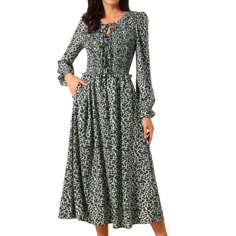 Женские платья INSPIRE CHIC Women's Leopard Print Long Sleeve Tie V Neck Smoked Flowy Midi Dresses with Pockets Small Black