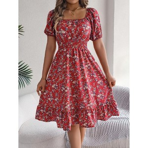 Women's Summer Square Neck Ruffle Puff Sleeve Boho Elastic Waist Smocked Flowy A Line Midi Dresses - 1 of 4