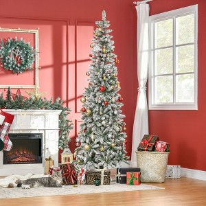 Whisen 7.5ft Unlit Snow-Flocked Slim Pine Artificial Christmas Tree with Realistic Branches and 668 Tips - Green - 1 of 4
