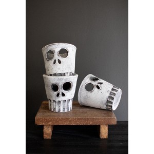 Kalalou Halloween Skull Vases Set of 3 – Whitewashed Handmade Clay Decor - 1 of 3