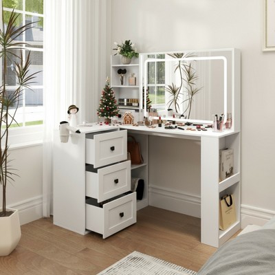 FONTOI 47.2"W Makeup Vanity Desk with Lights and 3 Large Drawers and Adjustable Mirror for Bedroom Dressing Room, White, 47.24"*26.61"*53.54"