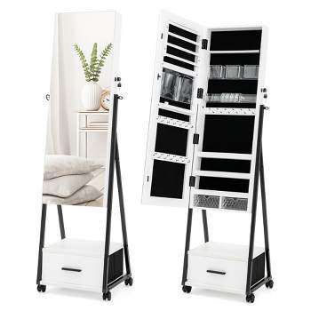 Full Length Mirror Jewelry Cabinet Jewelry Makeup Organizer with Drawer  &Wheels