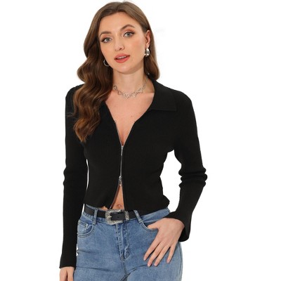 Allegra K Women's Zipper Up Bell Long Sleeve Collared Crop Knit Sweater Jacket