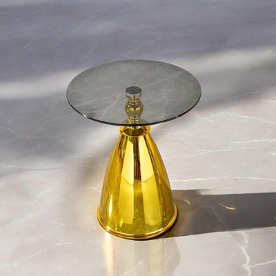 Modern Living Room Coffee Table with Grey Tempered Glass and Gold Carbon Steel, 17.72x17.72x21.65 inches