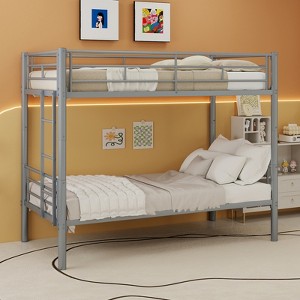 KWPZQEB Twin Over Twin Bunk Bed, Metal Industrial Bunkbeds Heavy Duty Bed with Ladders & Safety Guardrail, Convertible 2 Beds, No Spring Box Required - 1 of 4
