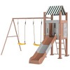Qaba Kids Swing Set for Backyard, Playground Set with 6 FT Slide, 2 Adjustable Swings, Fort with Canopy, Ground Stakes for Ages 3-8, Brown - 4 of 4