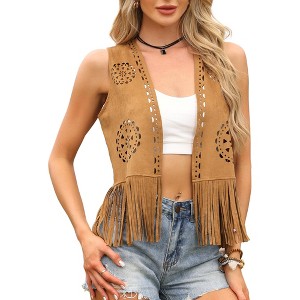 INSPIRE CHIC Women's Faux Suede Tassel Sleeveless Open Front Hollow out Western Fringe Cardigan - 1 of 4
