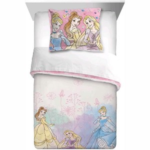 Disney Princess Reversible Comforter and Sham Set – Twin/Full Size Bedding with Belle, Cinderella & Rapunzel – Pink & Purple Watercolor Design - 1 of 4